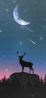 Silhouette of a deer under a starry night sky with shooting stars.