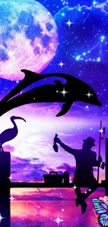 Fantasy scene with dolphin and moon, vibrant colors.