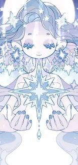 Celestial figure surrounded by stars in pastel hues.