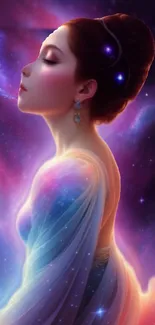 Fantasy art wallpaper with a celestial woman in a cosmic galaxy setting.