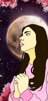 Illustration of a woman looking at a full moon with pink foliage background.