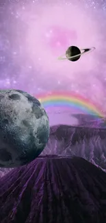 Surreal landscape with planets and a rainbow