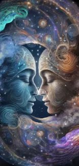 Celestial abstract art featuring mystical dual faces with cosmic swirls.