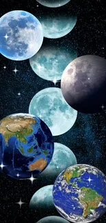 Celestial wallpaper featuring Earth and lunar phases against the night sky.