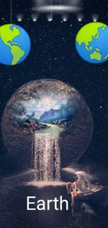 Surreal Earth with celestial elements and waterfall on a starry background.