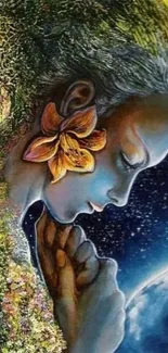 Earth goddess art with floral and cosmic background in blue tones.