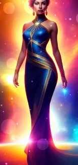 Elegant woman in a cosmic gown set against a vibrant galaxy background.