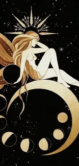 Ethereal fairy on moon with stars and gold accents on black background.