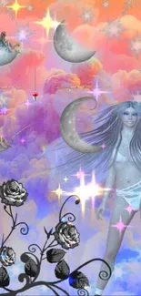 Celestial fantasy wallpaper with moons and mystical figures.