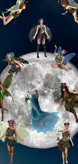 Fantasy fairies dancing around a luminous full moon on a dark blue background.