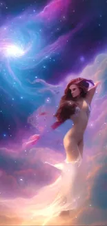 Ethereal woman in cosmic setting with swirling stars and colorful clouds.