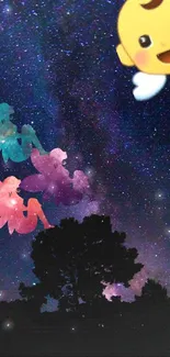 Starry night wallpaper with colorful fairies and a cute character.