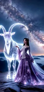 Fantasy woman with celestial goat against starry sky.