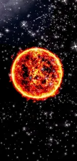 Mobile wallpaper of a fiery sun with stars in a cosmic scene.