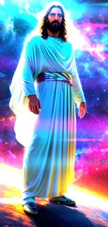 Celestial figure stands in cosmic, vibrant space.