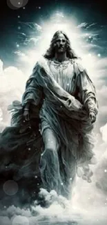 Celestial figure surrounded by clouds and light in a dramatic composition.