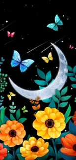 Crescent moon with flowers and butterflies at night sky.