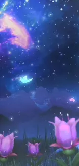 Fantasy wallpaper with cosmic dolphin and pink flowers under a starry night sky.