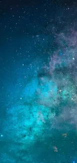 Vibrant teal galaxy wallpaper with stars.