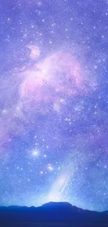 Purple galaxy wallpaper with stars and cosmic clouds.