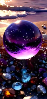 Celestial purple orb on a gemstone-strewn beach with sparkling water.