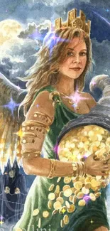 Fantasy goddess holding golden coins with celestial background.