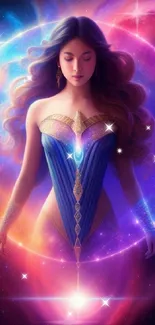 Celestial goddess with cosmic aura in galaxy-themed mobile wallpaper.