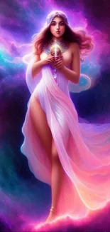 Goddess in a cosmic galaxy scene with vibrant purple nebula.