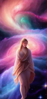 Celestial goddess in vibrant cosmic swirls with ethereal beauty.