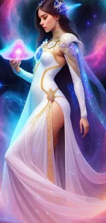 Celestial goddess with a galaxy backdrop holding an ethereal light.