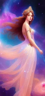 Ethereal goddess in a celestial cosmic scene with flowing gown.