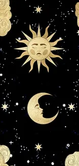 Gold sun and moon on a starry black wallpaper.