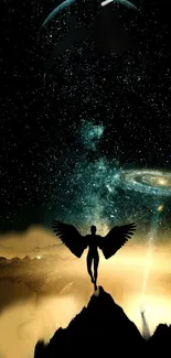 Silhouette of an angel with wings set against a starry, cosmic background on a mountain top.