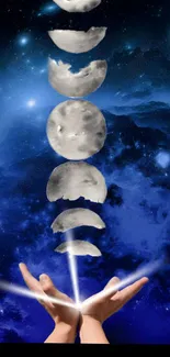 Mobile wallpaper showing hands and moon phases against a cosmic blue background.