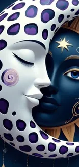Surreal celestial art with moon and sun faces intertwined.