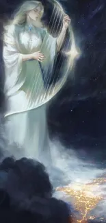 Celestial figure playing harp in night sky.