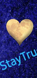 Blue starry wallpaper with heart and #StayTrue text.