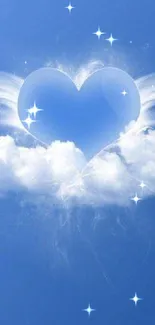 Heart-shaped cloud with wings in a blue sky background.