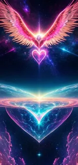 Celestial heart with fiery wings on cosmic background.