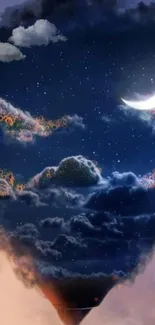 Dreamy hot air balloon with moonlit clouds and stars.