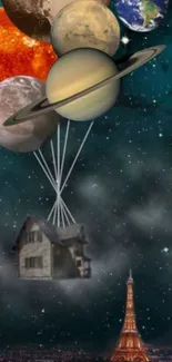 Fantasy artwork with planets lifting a house over the Eiffel Tower at night.