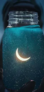 Mystical crescent moon in a jar with starry blue background.