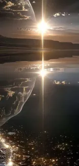 Celestial landscape with serene reflections on water at sunset.