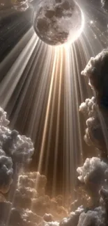 Celestial light streaming through clouds with a moon in the background.