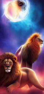 Majestic lions in cosmic setting with vibrant colors.