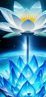 Luminous lotus with cosmic blue background.