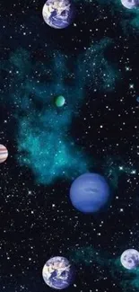 Celestial wallpaper with planets and stars in deep space.