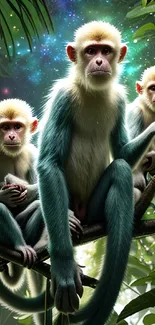 Three whimsical monkeys in a colorful jungle scene with a cosmic background.