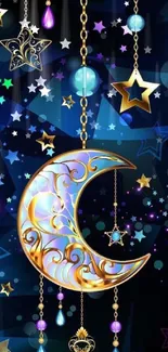 Golden crescent moon with stars on midnight blue background.