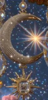 Glittering moon and starry sky with sparkling stars.